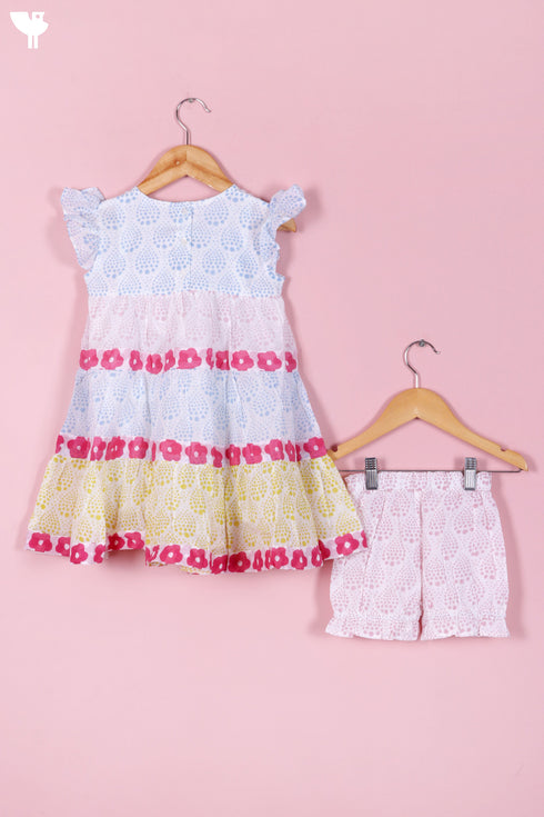 Cotton Frock & Shorts Set In Block Print